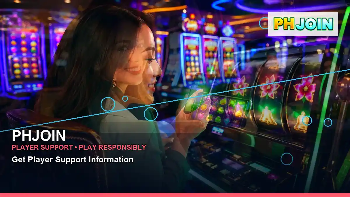 PHJOIN duo online slot games featuring an adult Filipina casino host with a layered collage composition