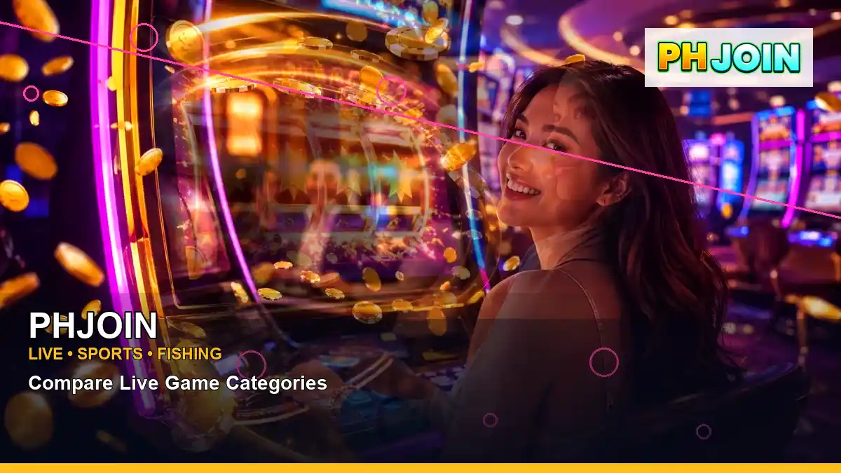 PHJOIN layered collage neon jackpot slot games highlighting mobile-friendly casino play